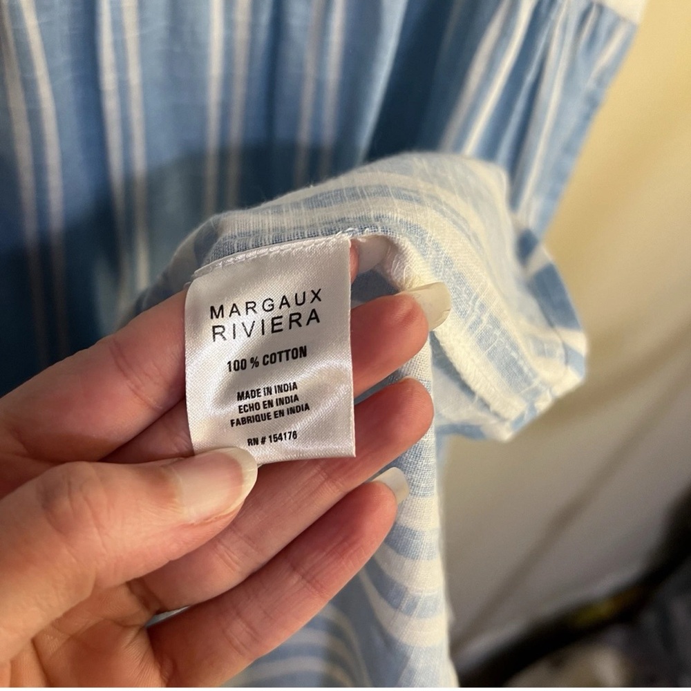 MARGAUX RIVIERA L Midi Stripe Tiered Cotton Dress Pockets Relaxed Blue White - Picture 5 of 7